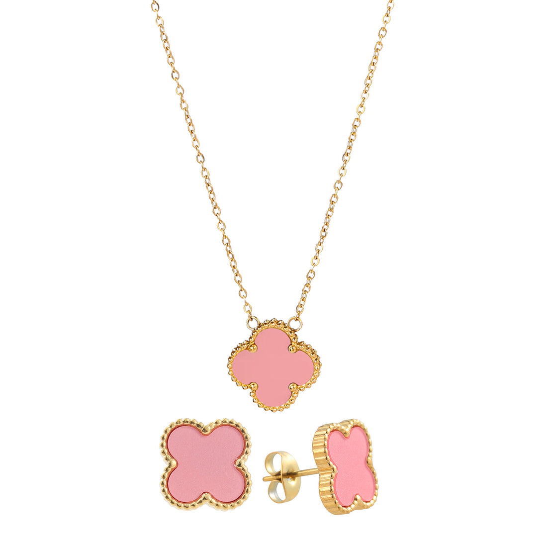 Conjunto Colar e Brinco Van 1 Trevo Rosa