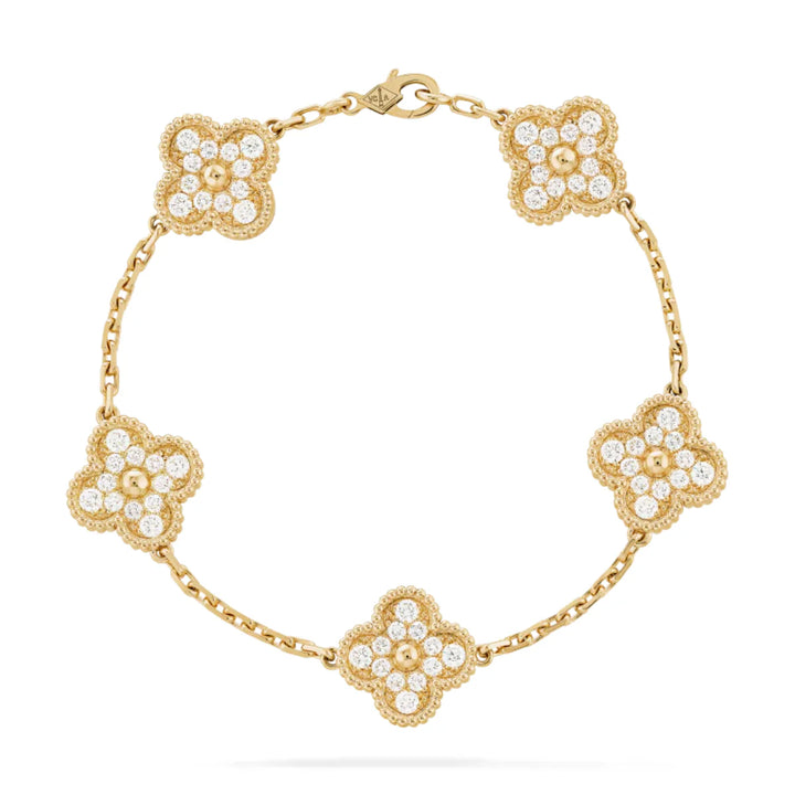 PULSEIRA VINTAGE ALHAMBRA 5 TREVOS - DOURADA CRAVEJADA SEMIJOIA