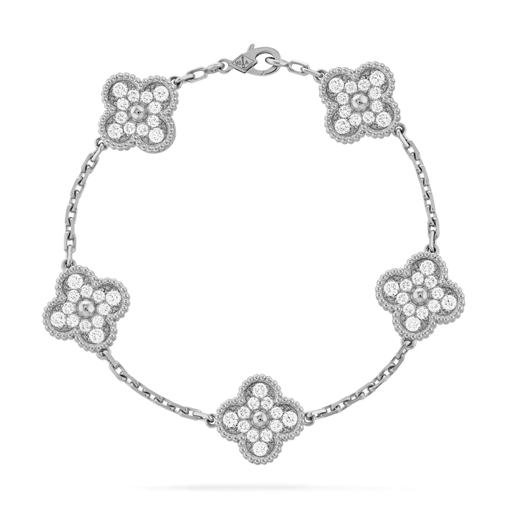 PULSEIRA VINTAGE ALHAMBRA 5 TREVOS - PRATA CRAVEJADA SEMIJOIA