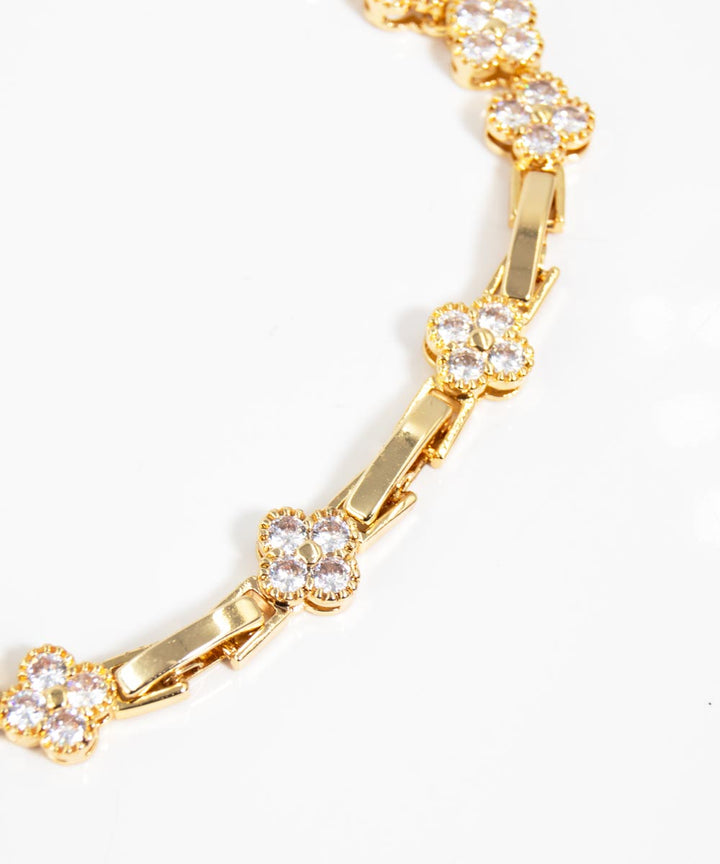 Conjunto Colar e Pulseira de Trevos Dourados em Zircônias