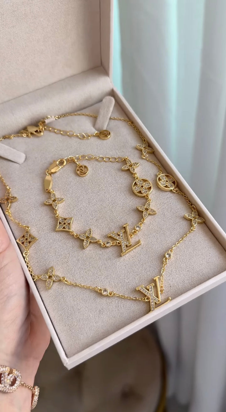 Conjunto Colar e Pulseira LV Clássico Semijoia | Banhado a Ouro 18k